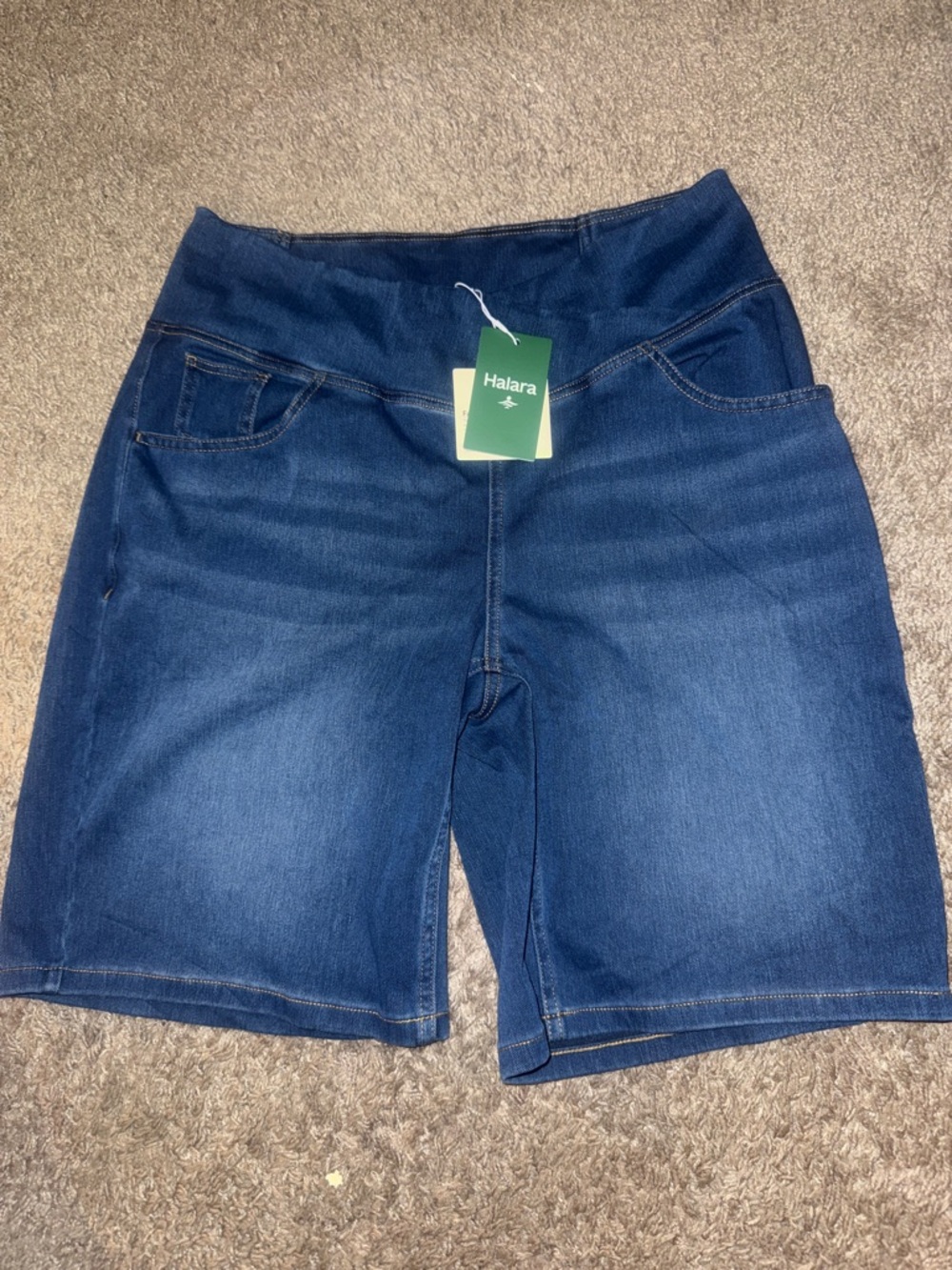 HALARA Estate  Blue Denim-Look Stretch Bermuda Shorts flex high waisted tummy